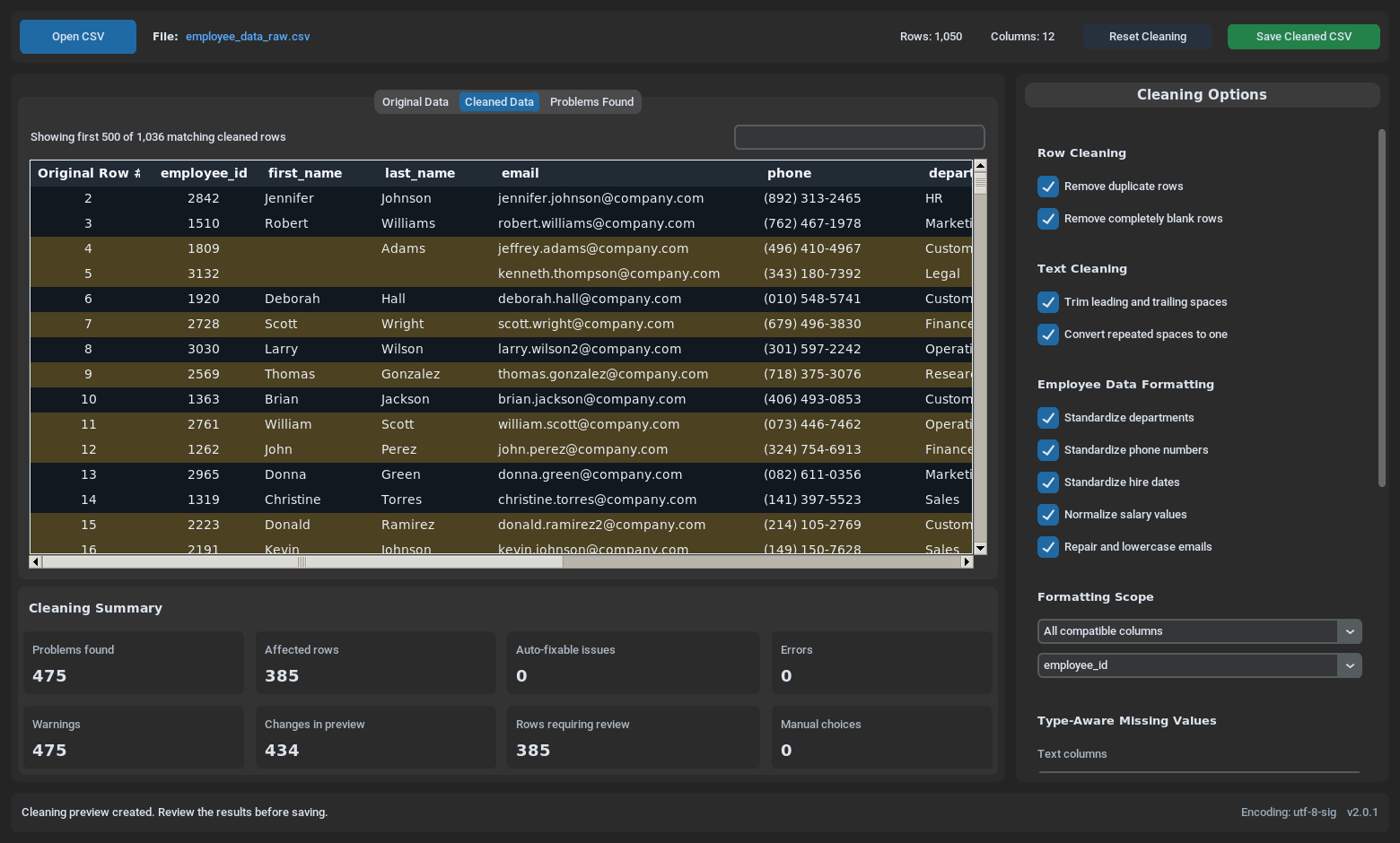 Screenshot of Data Cleaning app cleaned preview screen