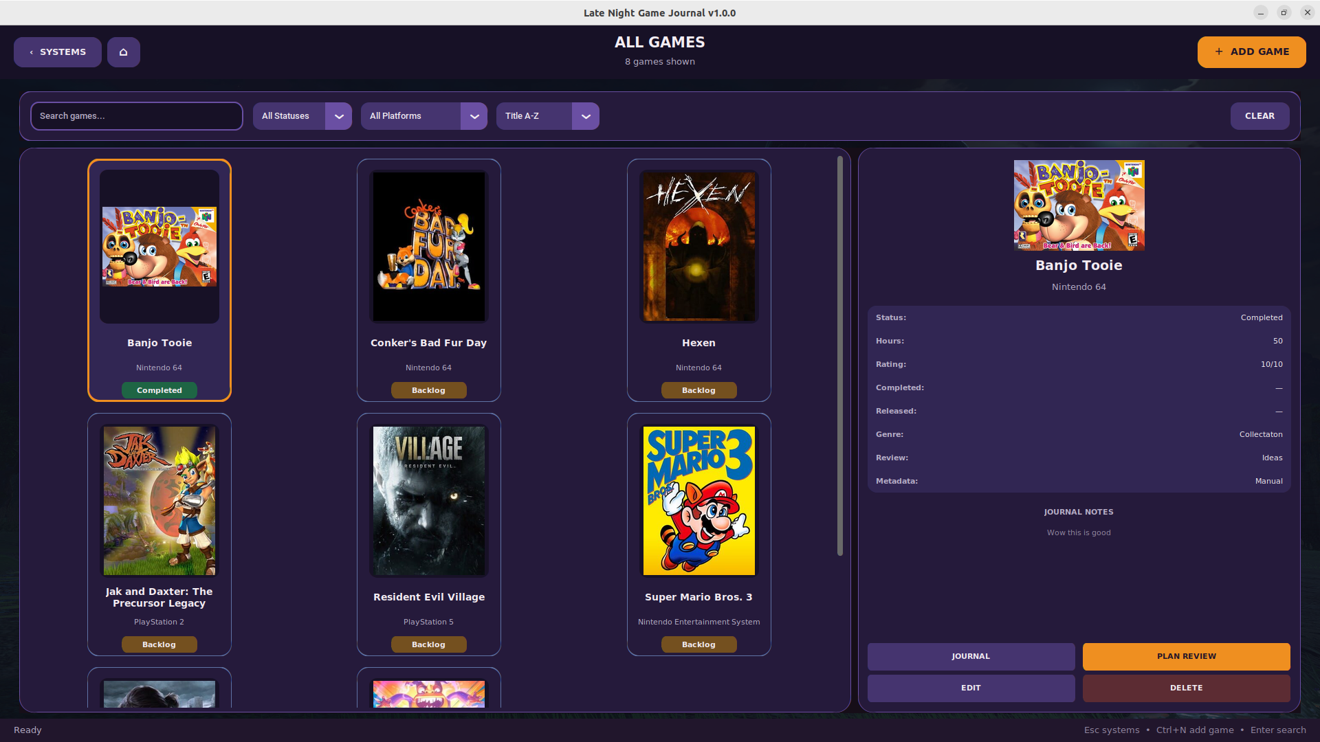 Screenshot of Late Night Journal game library