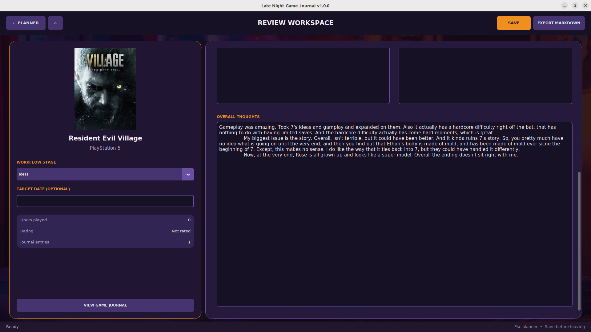Screenshot of Late Night Journal review workspace