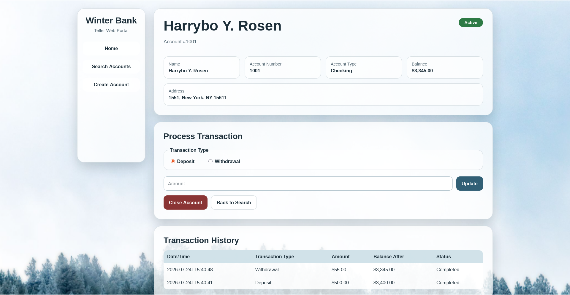 Screenshot of Winter Bank account transactions screen